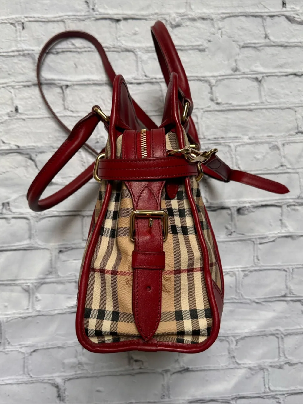 Burberry Brown Haymarket Check Patent Leather Portrait Minford Tote Bag - Picture 7 of 16